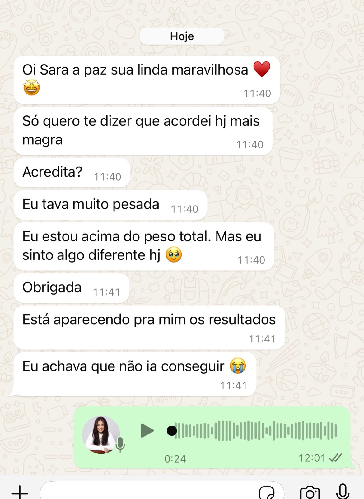 Depoimento de aluna em mensagem de WhatsApp