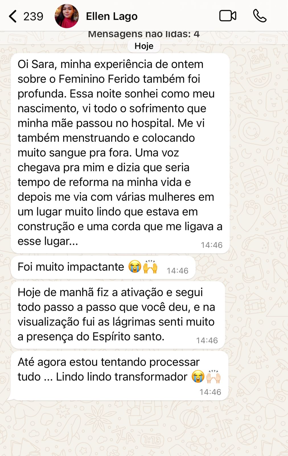 Depoimento de aluna em mensagem de WhatsApp
