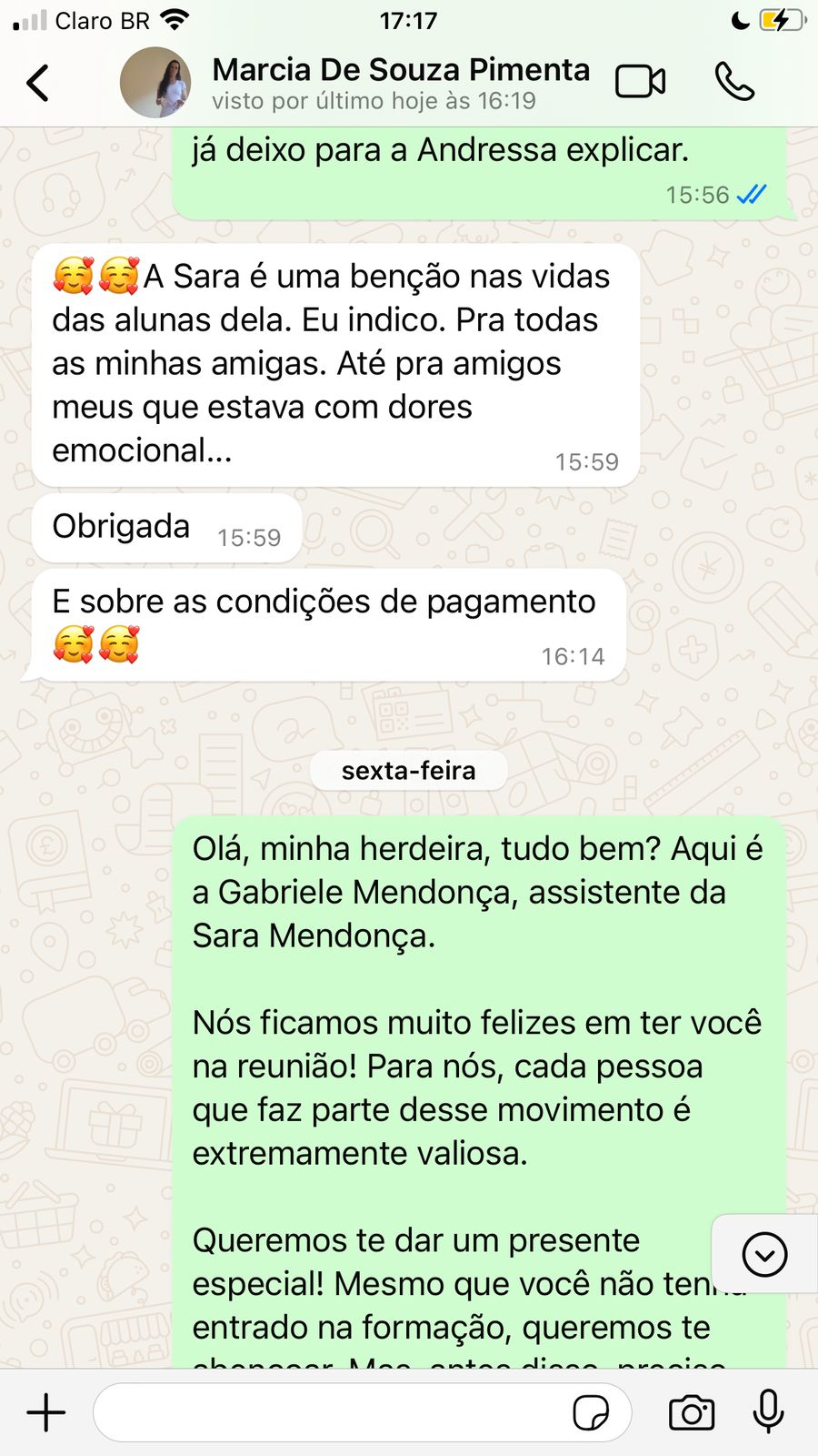 Depoimento de aluna em mensagem de WhatsApp